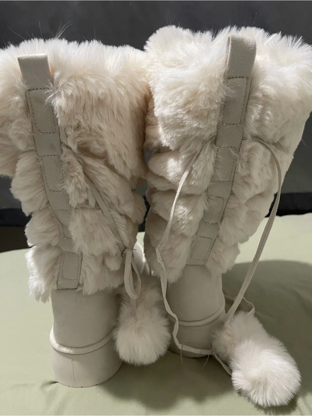Cream Faux-Fur Winter Boots with Pom-Pom Ties